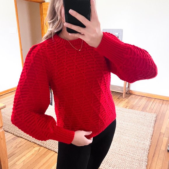 Alix of Bohemia Sweaters - RARE Alix of Bohemia 100% Wool Red Colorful Cable Knit Balloon Sleeve Sweater